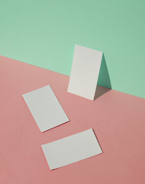 White blank business cards on a blue-pink pastel background. Creative minimal layout. Corporate identity