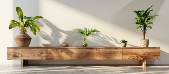 Mockup of a wooden TV cabinet interior wall in a living room setting, featuring a small tropical plant and empty space at the center of the picture to showcase the product.