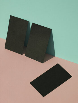 Black blank business cards on a blue-pink pastel background. Creative minimal layout. Corporate identity