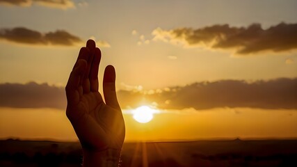 Silhouette of a hand reaching towards the sunset in a serene and tranquil evening landscape