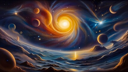 Vibrant cosmic landscape portraying the beauty of the universe with swirling galaxies, planets, and distant stars