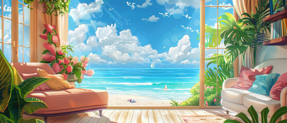 beautiful illustration of warm home interior cabin summer room near the beach with sea view healing sea breeze, blue sky and clouds, beautiful flowers and plants created with Generative AI Technology - obrazy, fototapety, plakaty