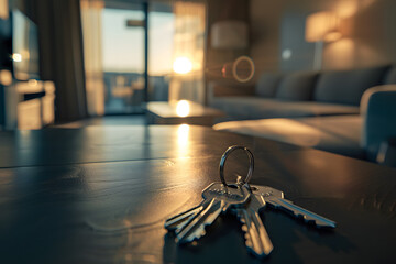 Keys on the table in new apartment or hotel. concept new home - obrazy, fototapety, plakaty