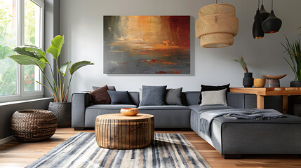 Modern living room interior with pouf  grey sofa wooden table painting on wall potted plant