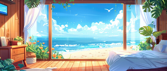 beautiful illustration of warm home interior cabin summer room near the beach with sea view healing sea breeze, blue sky and clouds, beautiful flowers and plants