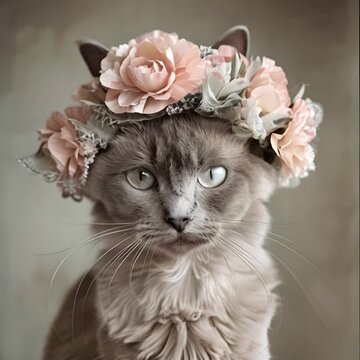 A close up picture of a gray cat wearing a crown of pink roses.
