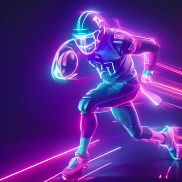 An illustration of a football player in a blue uniform, running with the ball. The image is made of bright neon lines.