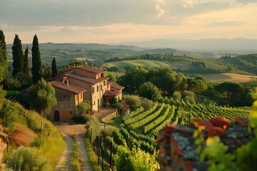 Serene Tuscan Countryside Vistas Echoing a Culinary Aesthetic of Everyday Life and Warm Connections - obrazy, fototapety, plakaty