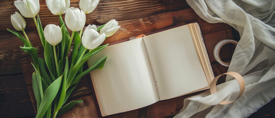 open empty mockup vintage notebook with blooming white tulips flowers and bright tape lying next to it on a wooden table