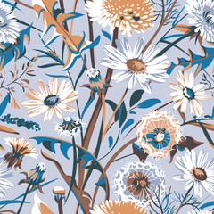 Seamless pattern with flowers - Taraxacum, Chamomilla and grass isolated on the black background. Hand-drawn illustrations of wildflowers.