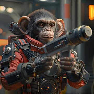 A photo of a chimpanzee in a spacesuit holding a gun.