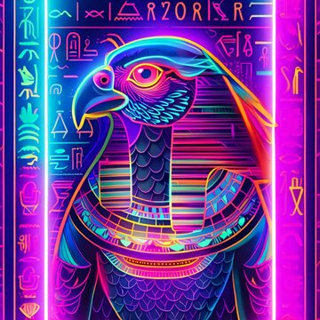 Egyptian god Horus the god of the sky and kingship adorned with neon hieroglyphs