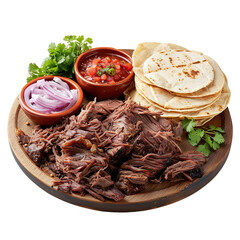 Front view of Barbacoa with Mexican slow-cooked lamb or beef, featuring tender meat seasoned with herbs and spices, cooked until fall-apart tender, isolated on white transparent background