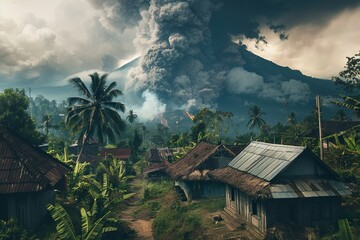 Serene village with traditional houses under a billowing volcanic ash cloud. Nature catastrophe 