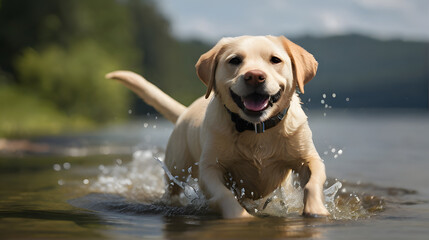 A photo capturing Labrador Retriever playing in the water. Showcasing lively and joyful scenes of...