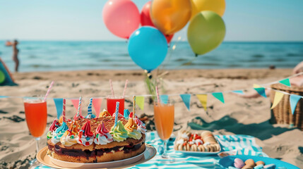 Preparing for a birthday party in the summer on the beach on the beach in hot summer.