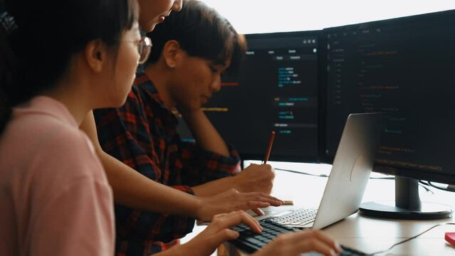 Back end software developer engineer for computer programming working together on debugging writing computing code, solving complex algorithms display on monitor in office. Burgeoning