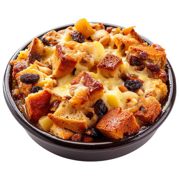 Front view of Capirotada with Mexican bread pudding, featuring layers of stale bread soaked in piloncillo syrup, mixed with raisins, nuts, cheese, and spices, isolated on white transparent background