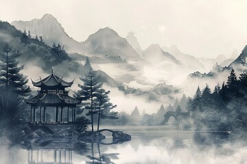 Chinese traditional painting, landscape with a pavilion and pine trees by a lake in mountains - obrazy, fototapety, plakaty