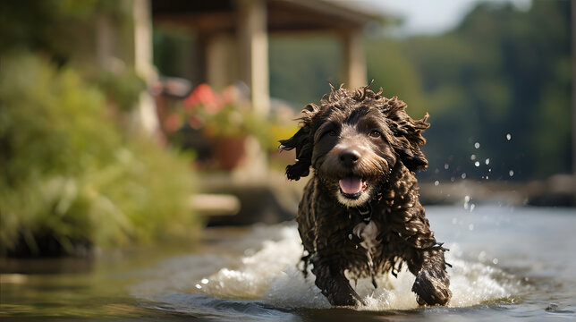 A photo capturing Portuguese Water Dog playing in the water. Showcasing lively and joyful scenes of summer, highlighting the happy moments Portuguese Water Dog playing in the water.