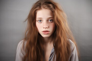 Fototapeta premium A woman with long hair is looking at the camera with a worried expression
