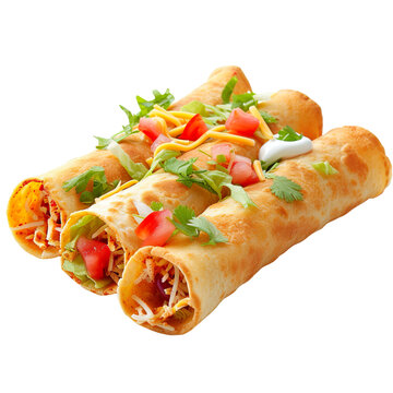 Front view of Flautas with Mexican rolled tacos, featuring corn tortillas filled with shredded chicken or beef, rolled tightly, fried until crispy, isolated on white transparent background
