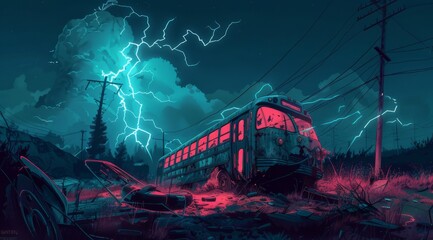 A damaged blue time machine from the movie Back to the Future with lightning and electricity around it, next is an old rusty white truck in an abandoned landscape at night with trees, 