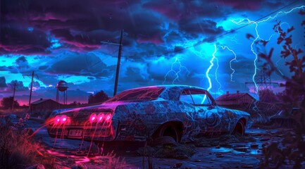 A damaged blue time machine from the movie Back to the Future with lightning and electricity around it, next is an old rusty white truck in an abandoned landscape at night with trees, 
