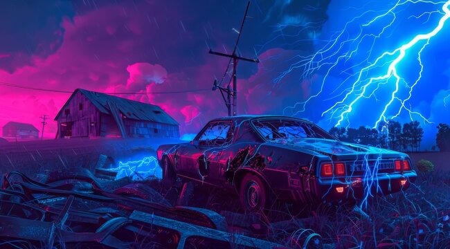 A damaged blue time machine from the movie Back to the Future with lightning and electricity around it, next is an old rusty white truck in an abandoned landscape at night with trees, 