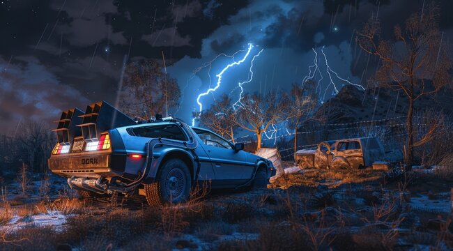 A damaged blue time machine from the movie Back to the Future with lightning and electricity around it, next is an old rusty white truck in an abandoned landscape at night with trees, 