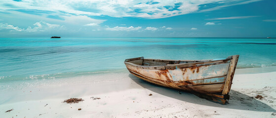 Fototapeta na wymiar old abandoned boat on beach painted with bluish white paint in tropical beach paradise as summer landscape with white sand beach, clear blue cloudy sky, calm sea created with Generative AI Technology