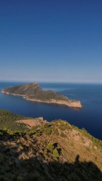 Aerial view of coastal landscape with rocky coastline and clear Mediterranean sea, Parc Natural de Sa Dragonera, Mirador de la Trapa, Sant Elm, Balearic Islands, Spain.