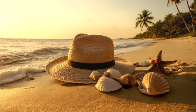 Straw hat on the beach surrounded by sea shells and a starfish. Sun, sand and sea. Summer vibes, travel and vacation. 