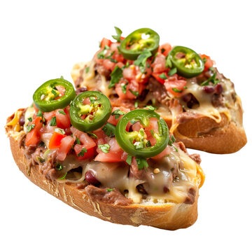 Front view of Molletes with Mexican open-faced sandwiches, featuring bolillo rolls topped with refried beans, melted cheese, and salsa, often isolated on white transparent background
