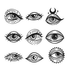 Evil eye Set. Eye of Providence. Lineart Vector illustration. Magic witchcraft symbol. Masonic symbol. Hand drawn logo or emblem - 788106300