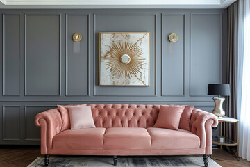 A marble beige painting and a sunburst golden mirror on a gray wall with molding in a stylish living room interior with a velvet, powder pink sofa and retro furniture
