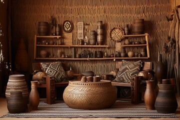 Fototapeta na wymiar Tribal Patterns Oasis: Cultural Artifacts in Nomadic Desert Study Room Inspirations