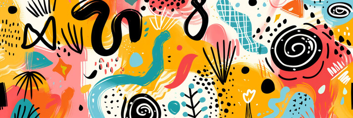 Step into a world of creative chaos! This playful illustration mixes colorful geometric shapes with whimsical abstract doodles in a delightful way.