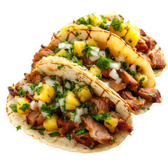 Front view of Tacos al Pastor with Mexican marinated pork tacos, featuring thinly sliced pork cooked on a vertical rotisserie, isolated on white transparent background