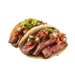 Front view of Tacos de Bistec with Mexican steak tacos, featuring thinly sliced grilled steak seasoned with onions, cilantro, and lime juice, isolated on white transparent background
