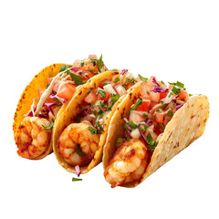 Front view of Tacos de Camarón with Mexican shrimp tacos, featuring battered and fried shrimp isolated on white transparent background
