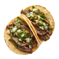 Front view of Tacos de Lengua with Mexican beef tongue tacos, featuring tender beef tongue simmered until tender, sliced thinly, and isolated on white transparent background