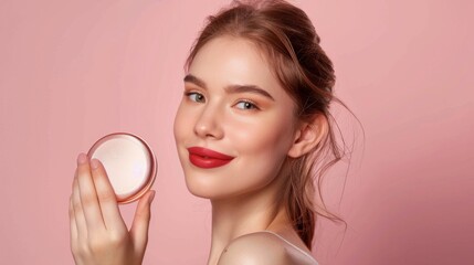 A young woman with perfect skin holds a round highlighter case, showcasing a beauty product on a pink background