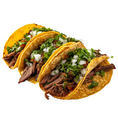 Front view of Tacos de Suadero with Mexican beef brisket tacos, featuring tender and flavorful beef brisket cooked until juicy, isolated on white transparent background