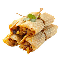 Front view of Tamales Dulces with Mexican sweet tamales, featuring masa dough filled with sweet ingredients such as pineapple, raisins, or cinnamon sugar, isolated on white transparent background