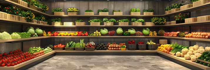 A store with a display of fruits and vegetables, illustration of fresh and colorful, fruit and vegetable section of the supermarket. 
