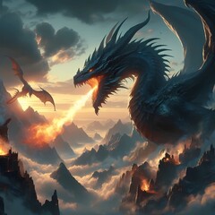landscape with big dragon flying fire