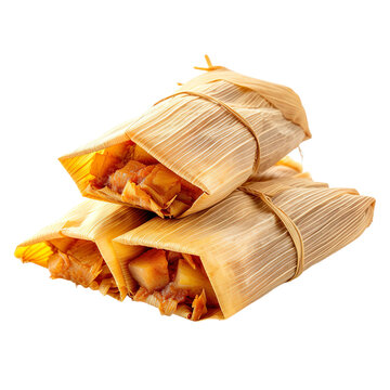 Front view of Tamales Dulces with Mexican sweet tamales, featuring masa dough filled with sweet ingredients such as pineapple, raisins, or cinnamon sugar, isolated on white transparent background