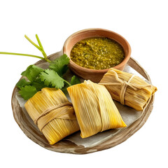 Front view of Tamales with Mexican steamed corn husk parcels, featuring masa dough filled with savory fillings such as shredded pork, chicken, or cheese, isolated on white transparent background