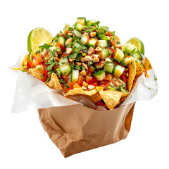 Front view of Tostilocos with Mexican street food snack, featuring a bag of tortilla chips isolated on white transparent background